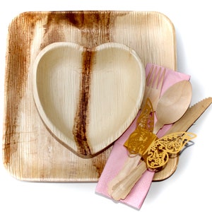 Ecofrindly palm leaf plates 10 Pic 9.5&quot; Square -10 pic 6&quot; heart -30 pic cutlery - 10 pic 3D butterfly -50 napkin disposable