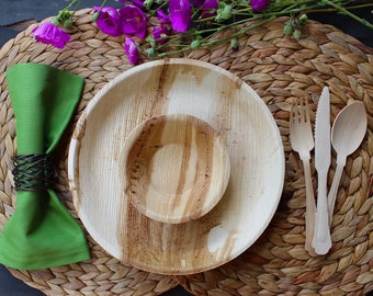 Palm Leaf Plates & Bowls Set | 10" Round Plates + 5" Bowls | Disposable Eco Friendly Tableware | Biodegradable Compostable