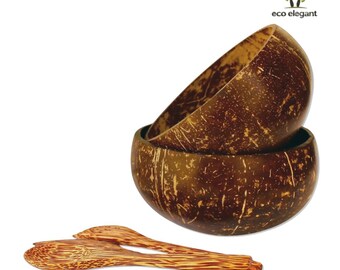 Coconut Shell Gift Set for Two | Bowls with Fork Spoon Knife | Natural Eco Friendly Organic | Zero Waste