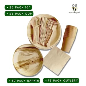 May include: An eco-friendly disposable tableware set. The set includes wooden spoons, forks, plates, cups, and napkins. The text on the image reads: "25 pack 10", 25 pack cup, 30 pack napkin, 75 pack cutlery."