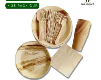 Palm Leaf Plates Set | 10" Round Plates + Utensils + Cups + Napkins | Wedding Party Tableware | Eco Friendly Compostable