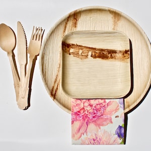 Bamboo Type palm leaf  plates 10 Round 10&quot; inch and 10 Sqare 7&quot; and 30 pieces fork -knife -spoon compostable - disposable