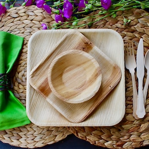 natural palm leaf plates party packaging 25pieces of each 9.5&quot; Square - 7&quot; - 5&quot; Bowl  and cutlery set 75 pieces compostable
