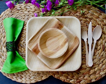 Palm Leaf Plates Set | 25x 9.5" Square + 25x 7" + 25x 5" Bowls + 75pc Cutlery | Party Tableware | Compostable Eco Friendly