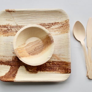 Disposable palm leaf Squer plate Natural Sustainable 25 pice 9.5&quot; and 25 pice 5&quot;bowl and set cutlery wooden 75 pices compostable