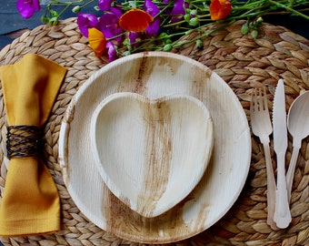 Palm Leaf Plates Set | 10x 10" Round + 10x 6.5" Heart + 30pc Cutlery | Birthday Party Tableware | Compostable Biodegradable