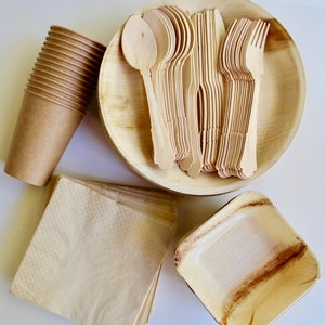 May include: A set of disposable tableware made from palm leaves, including plates, bowls, and cutlery. The set is brown and natural in color and is perfect for eco-friendly dining.