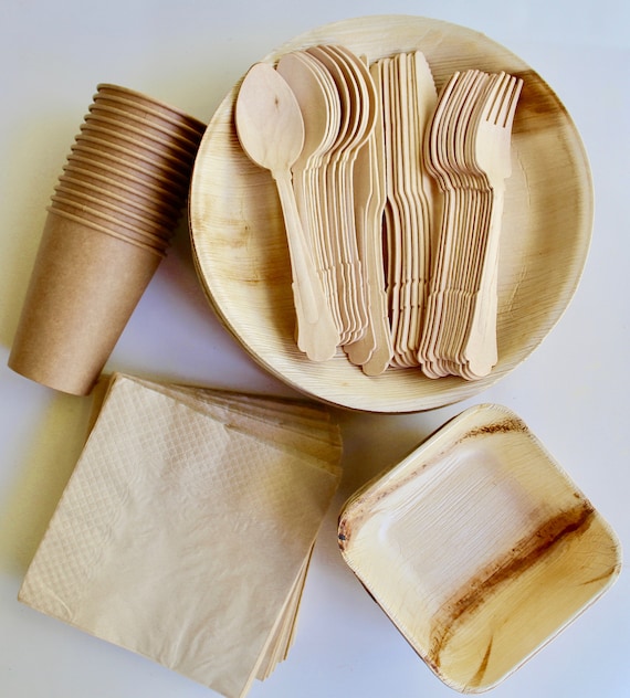 Palm Leaf Tableware Set | 25x 10" Round + 25x 6" Bowls + 25 Cups + 75pc Cutlery + 50 Napkins | Disposable Party Tableware | Eco Compostable