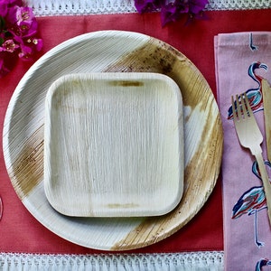 Disposable palm leaf fsquer  plate Natural Sustainable 25 pices 10&quot; round 25 pic 7&quot; Square and 75 pic wooden Brich cutlery