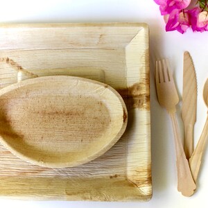 palm leaf plates 10 pices 10&quot; Square deep and 10 pices oval 7&quot; - 30 pices cutlery fork - spoon - knife disposable - biodegrade