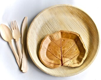 Bamboo Type palm leaf plate 25 pic deep Square 10" 25 pic Sea Grape for desert 7" - 75 pic Cutlery wooden Birch . disposable - Biodegradable