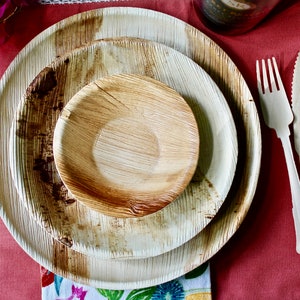 Bamboo Type Palm leaf plates 10 Pieces round 10&quot; -8&quot;-5&quot; Bowl and 30 pieces fork -Knife -Spoon -compostabl -Biodegradable