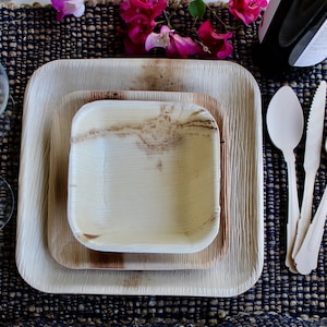 Disposable and hand craft palm leaf Squre 10 Pices 9.5&quot; plate Sustainable 10 pice 7&quot; and 10 pic 6&quot;bowl - 30 pic cutlery wood Brich