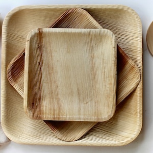 Disposable palm leaf round plate Natural Sustainable 10 pice 9.5&#39;&#39; square  and 10 pices 7&quot; Sqare and 10 pices 6&quot;square  and 30 cutlery