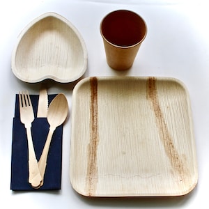 party palm leaf bamboo Type plates 9.5&quot; Square  -6&quot;  Heart  - Utensils - paper cup - napkins - disposable - eco friendly - weeding