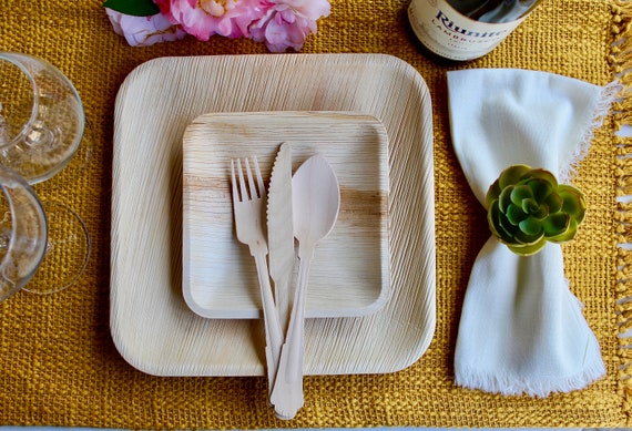 Bamboo Plates 25 Pic 9.5 Square and 25 Square 6 and 75 Set Cutlery Wooden Birch Compostable Biodegradable for Birthday Party Natural Etsy