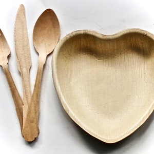 10 Pic   palm leaf plates  6&quot; Heart  and  - 30 pice cutlery ( fork - Knife -spoon ) Biodegradable - compostable