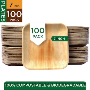 Plato desechable hoja de palma Natural Sostenible 100 piezas 7&quot; Cuadrado Desechable- Biodegradable-composable - ecofrindly