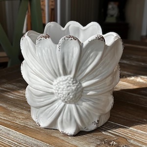 May include: White ceramic flower pot with a distressed finish. The pot is shaped like a daisy with a raised center and petals.