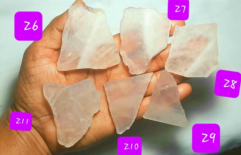 May include: Six pieces of clear, pale pink rose quartz crystals. The crystals are various shapes and sizes. The crystals are labeled with numbers Z6, Z7, Z8, Z9, Z10, and Z11.