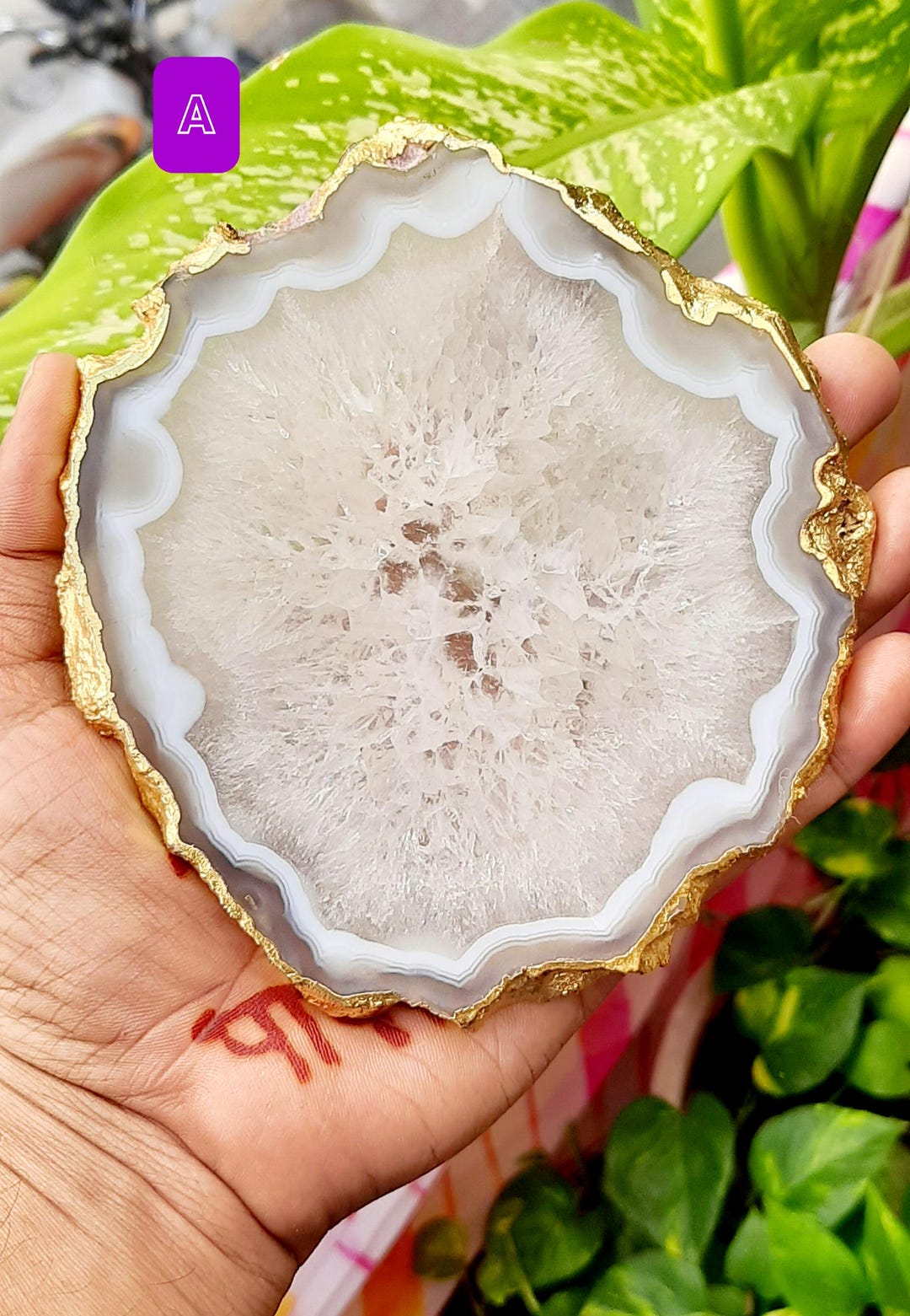 Natural Salt Agate Coaster: Gold Edge Polished Gemstone Plate for Tea ...