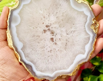 Sottobicchiere in agata salata naturale: piatto con pietra preziosa lucidata con bordo dorato per regalo di anniversario di sottobicchiere da tè