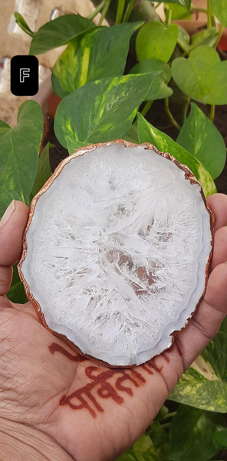 Natural Salt Agate Coaster: Copper Edge Polished Gemstone Plate for Tea ...