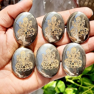 May include: Six oval polished stones with a metallic sheen. Each stone features a gold image of a deity seated on a lotus flower. The stones are held in a hand, with green foliage in the background. The stones are approximately 4 cm in length.