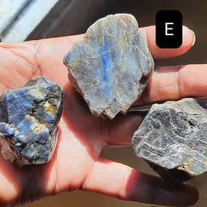 Puede incluir: Cuatro piedras de zafiro azul oscuro en bruto y sin pulir, de formas y tamaños variados. Las piedras están etiquetadas como D, E y F.