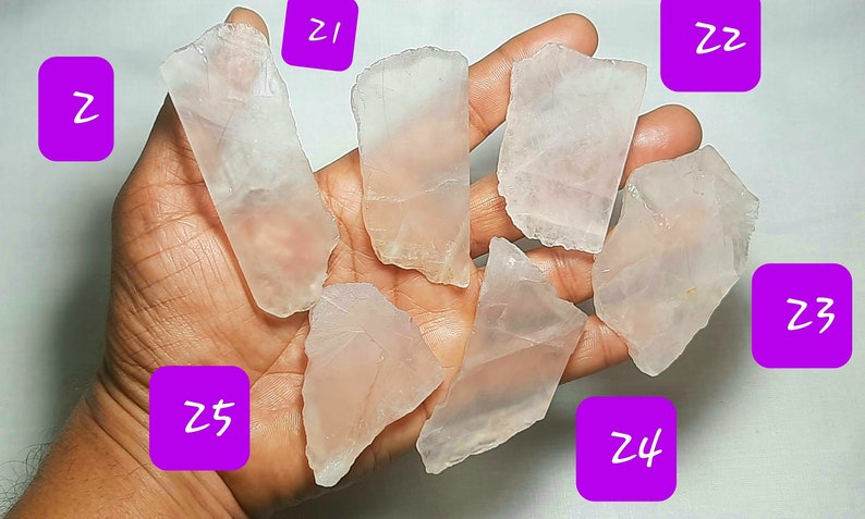 May include: Six pieces of clear, pale pink, translucent, rough-cut, natural rose quartz crystals. The crystals are various sizes and shapes. The crystals are held in a person's hand.