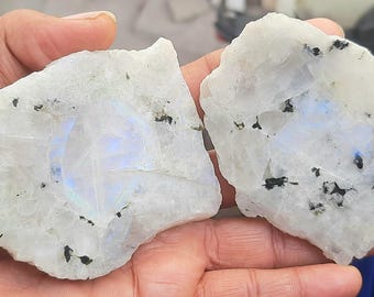 Pietra di luna arcobaleno bianca naturale grezza, esemplari arcobaleno naturali, lastre arcobaleno blu appariscenti, pietra preziosa grezza, materia prima arcobaleno, fette arcobaleno