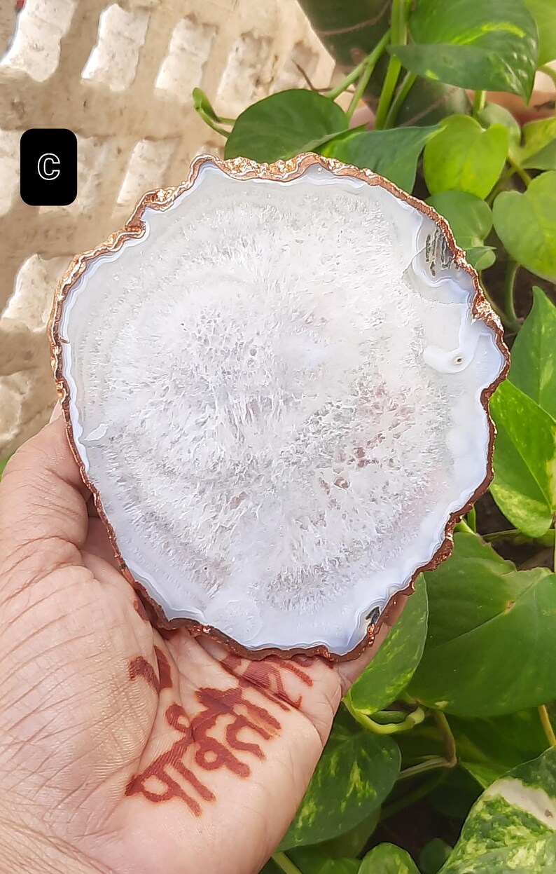 Natural Salt Agate Coaster: Copper Edge Polished Gemstone Plate for Tea ...