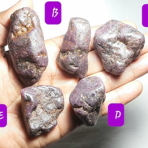 May include: Five rough, purple-hued gemstones, labelled A through E, are displayed on a hand. The stones have a variety of shapes and sizes.