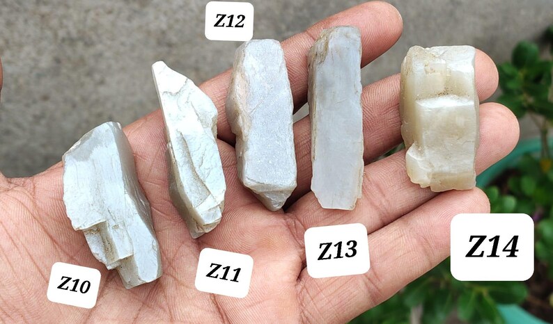May include: Five rough, translucent, off-white to pale gray mineral specimens labeled Z10, Z11, Z12, Z13, and Z14. Each stone features irregular, jagged edges and a crystalline texture with varying opaque and semi-transparent sections.