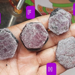 May include: Five rough, hexagonal, dark red ruby gemstones with a purple hue. The stones are arranged in a hand, labeled with letters E, F, G, and H.