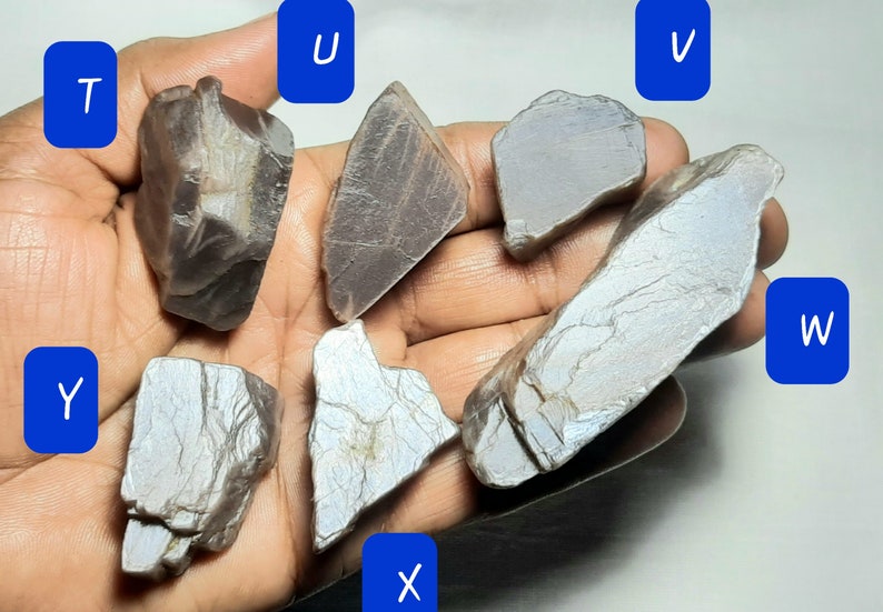 Puede incluir: Una colecci&oacute;n de siete piedras grises iridiscentes, algunas con un brillo m&aacute;s plateado, dispuestas en una mano. Las piedras est&aacute;n etiquetadas con las letras T, U, V, W, X, Y.