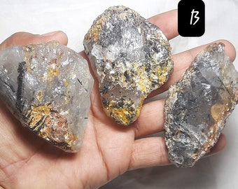 Natural Black Rutile Rough Gemstone: Raw Crystal Slices Rutileted Quartz Chunk Slab AAA Quality