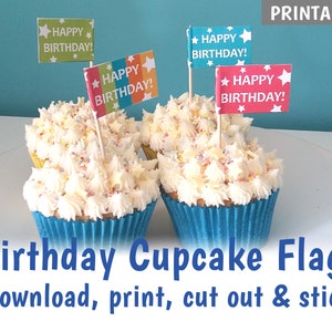 PRINTABLE Birthday Cupcake Flags, Make your own cake toppers, Tropical Coloured Party Cake Decorations DOWNLOAD image 1