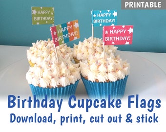 PRINTABLE Birthday Cupcake Flags, Make your own cake toppers, Tropical Coloured Party Cake Decorations - DOWNLOAD
