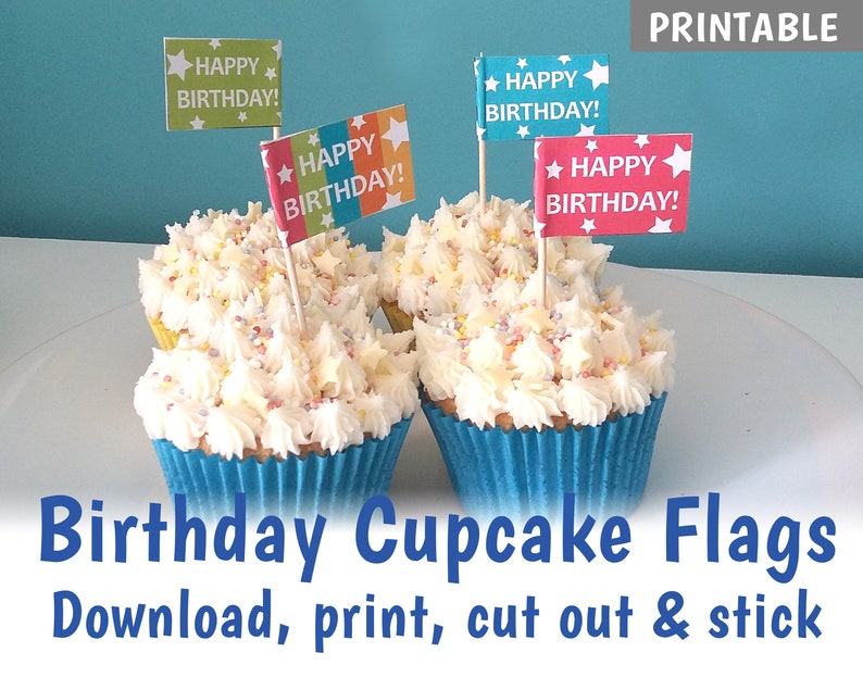 PRINTABLE Birthday Cupcake Flags, Make your own cake toppers, Tropical Coloured Party Cake Decorations DOWNLOAD image 1