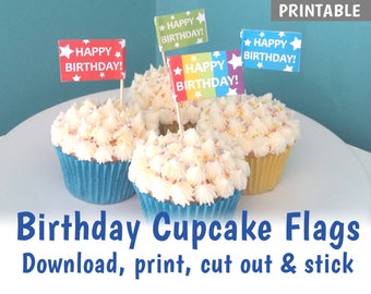 PRINTABLE Birthday Cupcake Flags, Make your own cake toppers, Brightly Coloured Rainbow Party Cake Decorations - DOWNLOAD