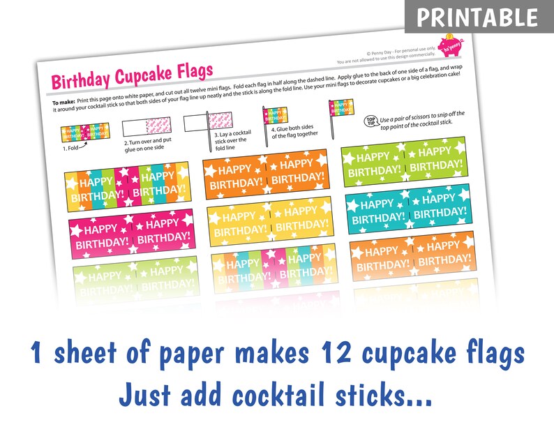PRINTABLE Birthday Cupcake Flags, Make your own cake toppers, Tropical Coloured Party Cake Decorations DOWNLOAD image 2