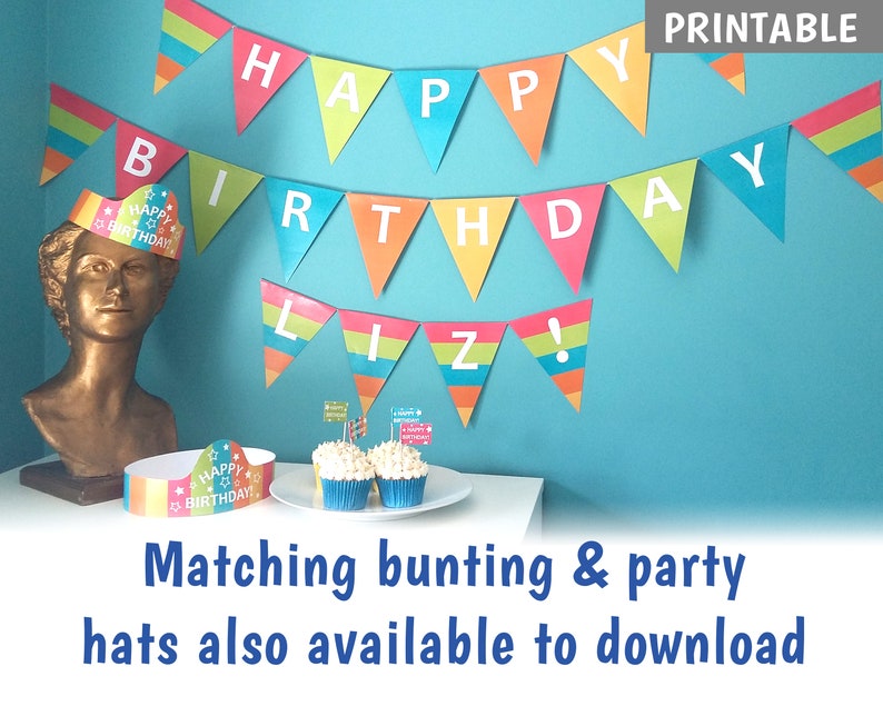 PRINTABLE Birthday Cupcake Flags, Make your own cake toppers, Tropical Coloured Party Cake Decorations DOWNLOAD image 4