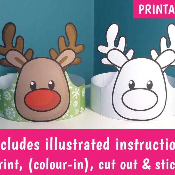 PRINTABLE Reindeer Christmas Crowns, Make your own Christmas Party Hats, Includes Colour-in Hats, Paper Hats, DIY Christmas Hats - DOWNLOAD