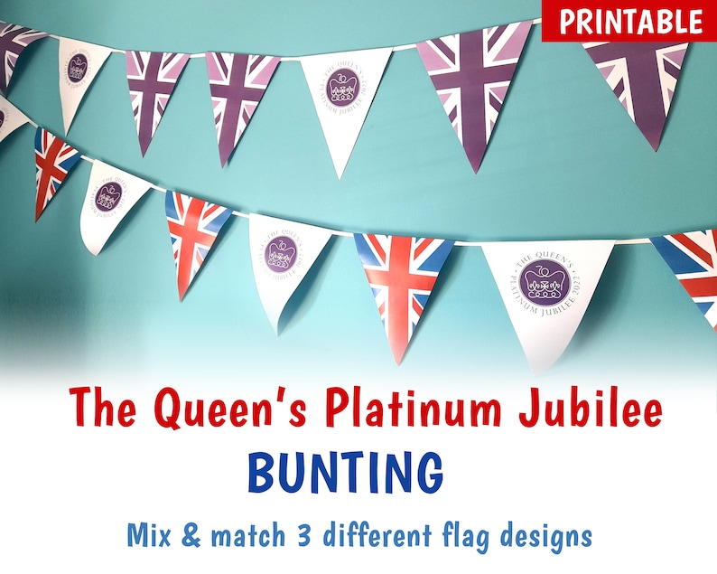 Platinum Jubilee Bunting, Union Jack Bunting, Make your own Queen's platinum jubilee bunting, British flag bunting - Printable, DOWNLOAD 