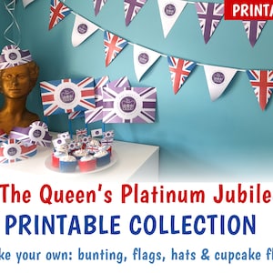 PRINTABLE Queen&#39;s Platinum Jubilee Party Collection - Jubilee Bunting, Jubilee Party Hats, Jubilee flags, & Jubilee cupcake flags - DOWNLOAD