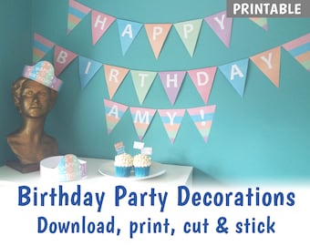 PRINTABLE Birthday Party Decorations, Make your own Birthday Bunting, Party Hats & Cupcake Flags - Pastel Party Decorations - DOWNLOAD