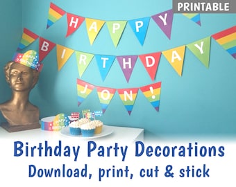 PRINTABLE Birthday Party Decorations, Make your own Birthday Bunting, Party Hats & Cupcake Flags - Rainbow Party Decorations - DOWNLOAD