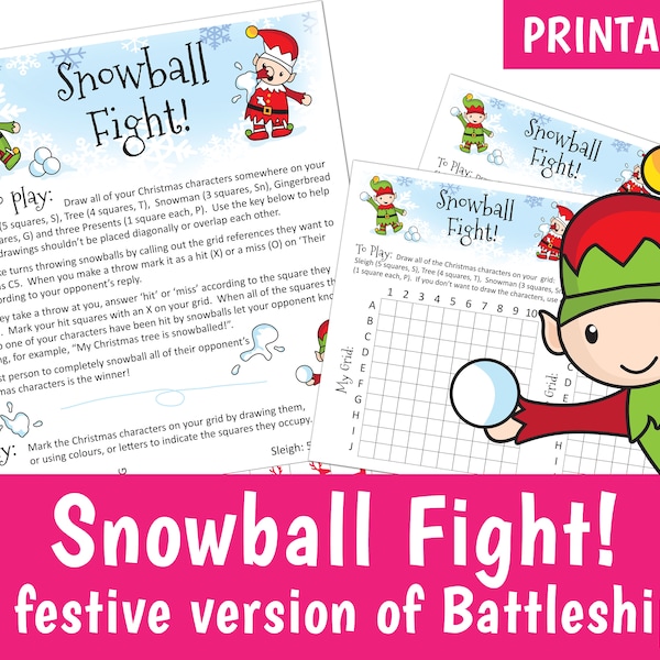 PRINTABLE - Snowball Fight! Christmas Game (version of Battleships) - Fun Christmas Party game, stocking filler, stocking stuffer - DOWNLOAD