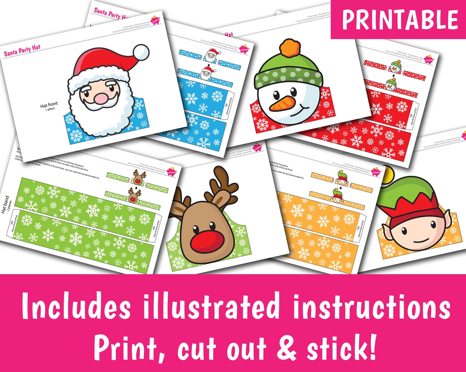 PRINTABLE Christmas Party Hats, Includes Full Colour & Colour-in Christmas Paper Crowns